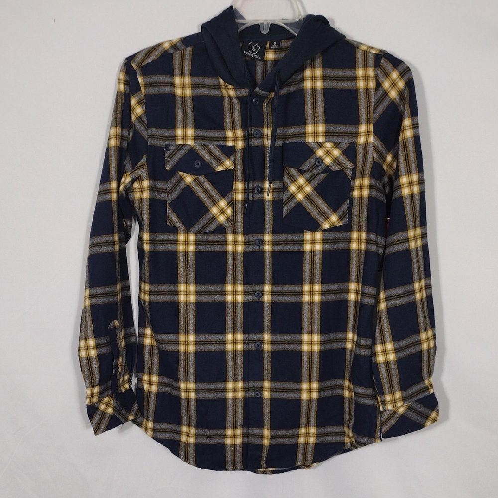 NWT Burnside Navy and Yellow Plaid Hooded Flannel Men's Size Small